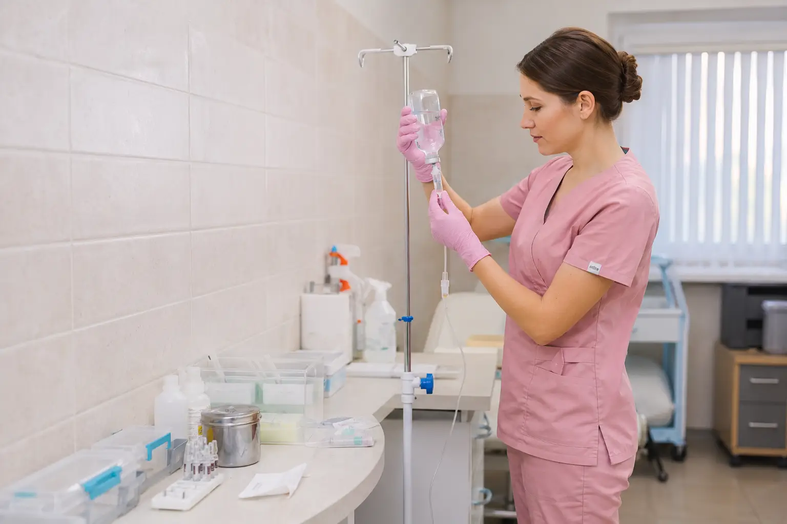 Медсестра готовит капельницу с Винпоцетином